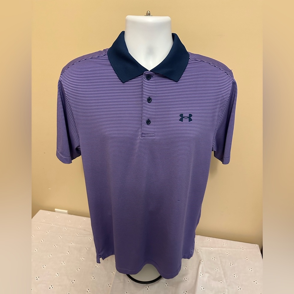 Underarmour Polo loose Fit  Purple/Black Stripe. Medium Great Shape